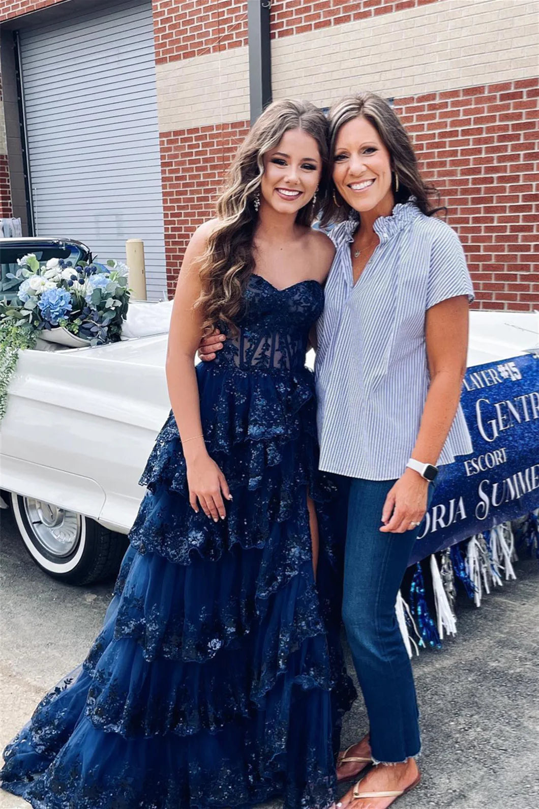 A Line Off the Shoulder Navy Sequins Tiered Slit Prom Dress Gown LF1250