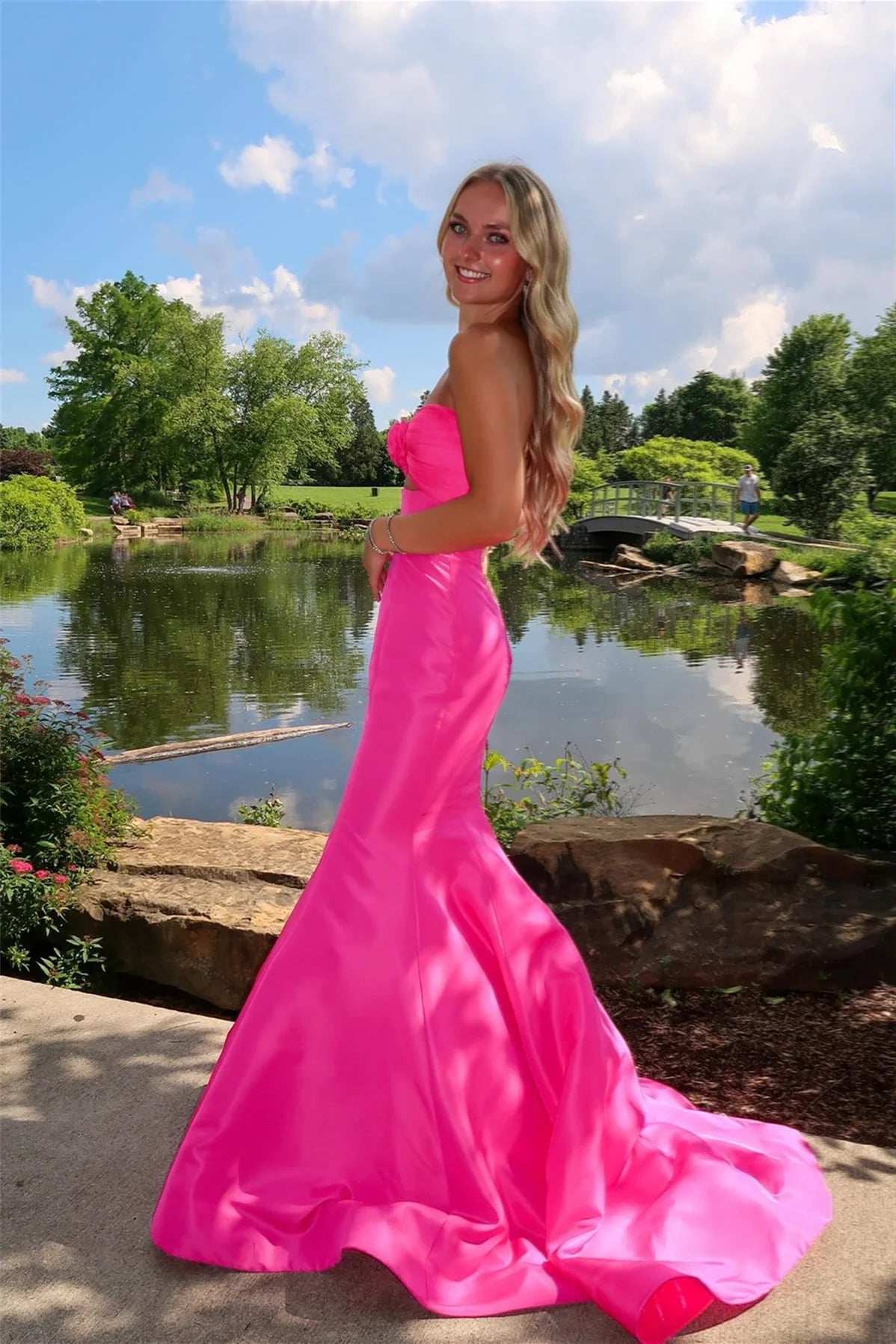Mermaid Sweetheart Keyhole Pink Satin Prom Dress Gown with Bow LF1211