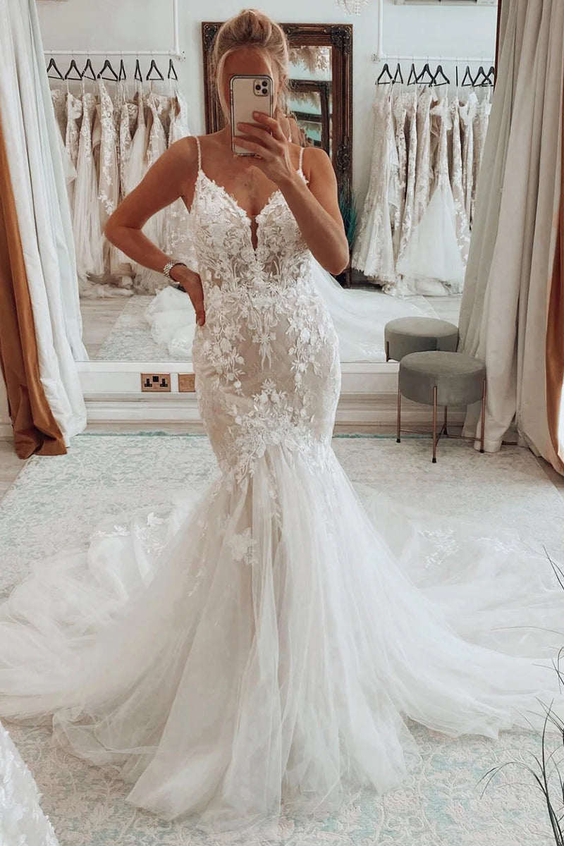 Boho Mermaid V Neck Tulle Lace Long Wedding Dresses Gown with Appliques HS914
