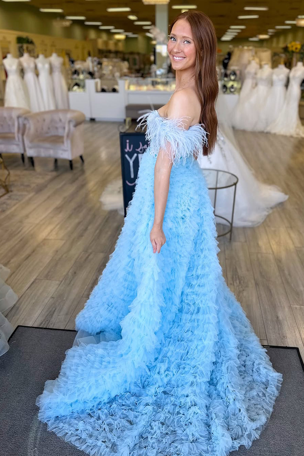 A-Line Off the Shoulder Light Blue Tulle Long Prom Dress Gown with Slit LF1318