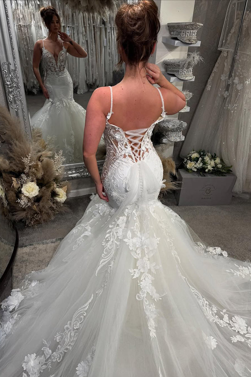 Dazzling Mermaid V Neck Tulle Long Wedding Dresses Gown with Appliques HS810