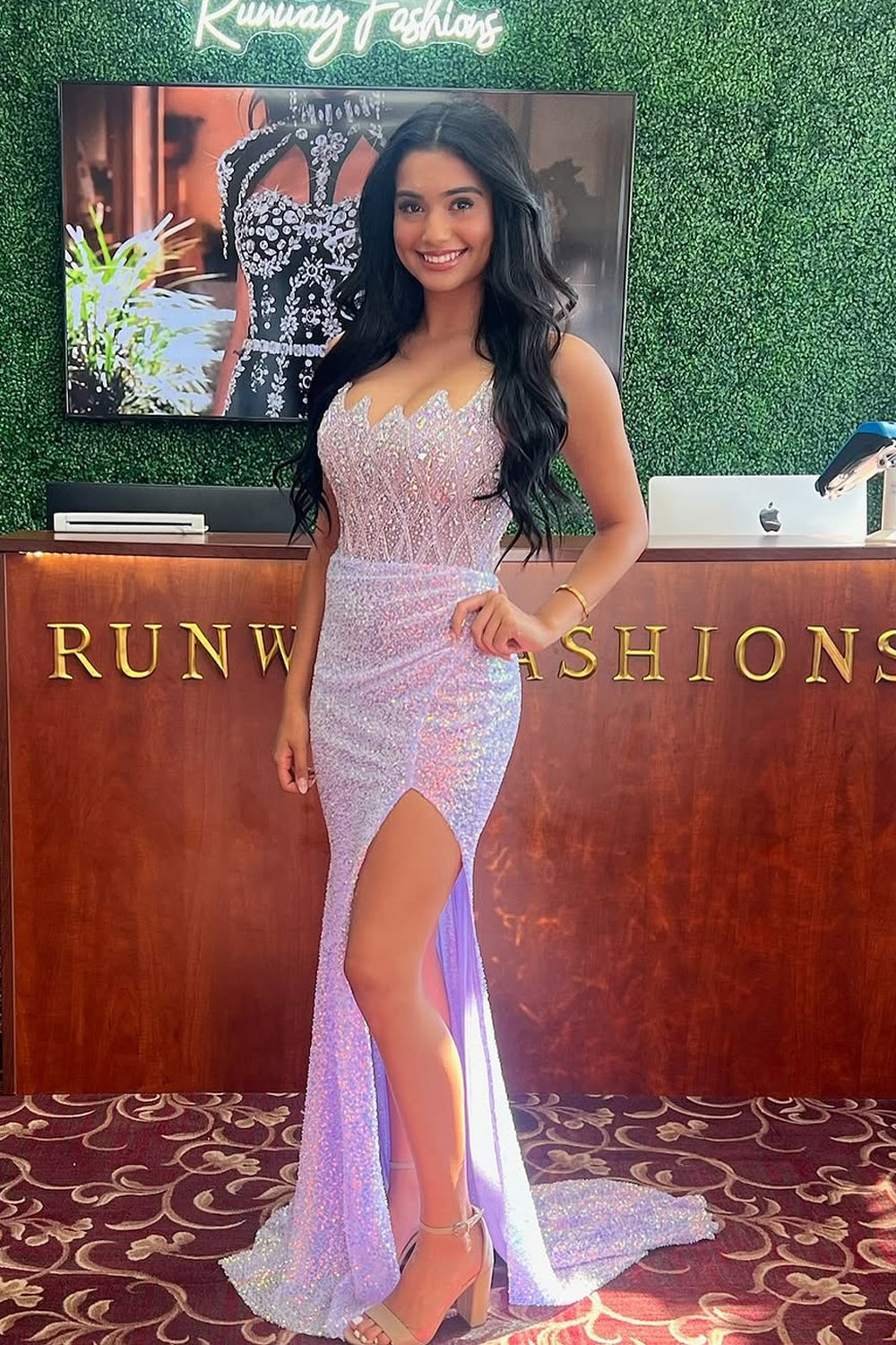 Mermaid Strapless Lilac Sequins Long Prom Dress Gown with Slit LF1355