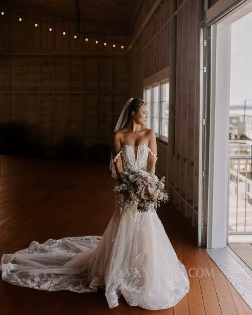 Off The Shoulder Mermaid Sweep Train Wedding Gown/Dress With Appliques HS467