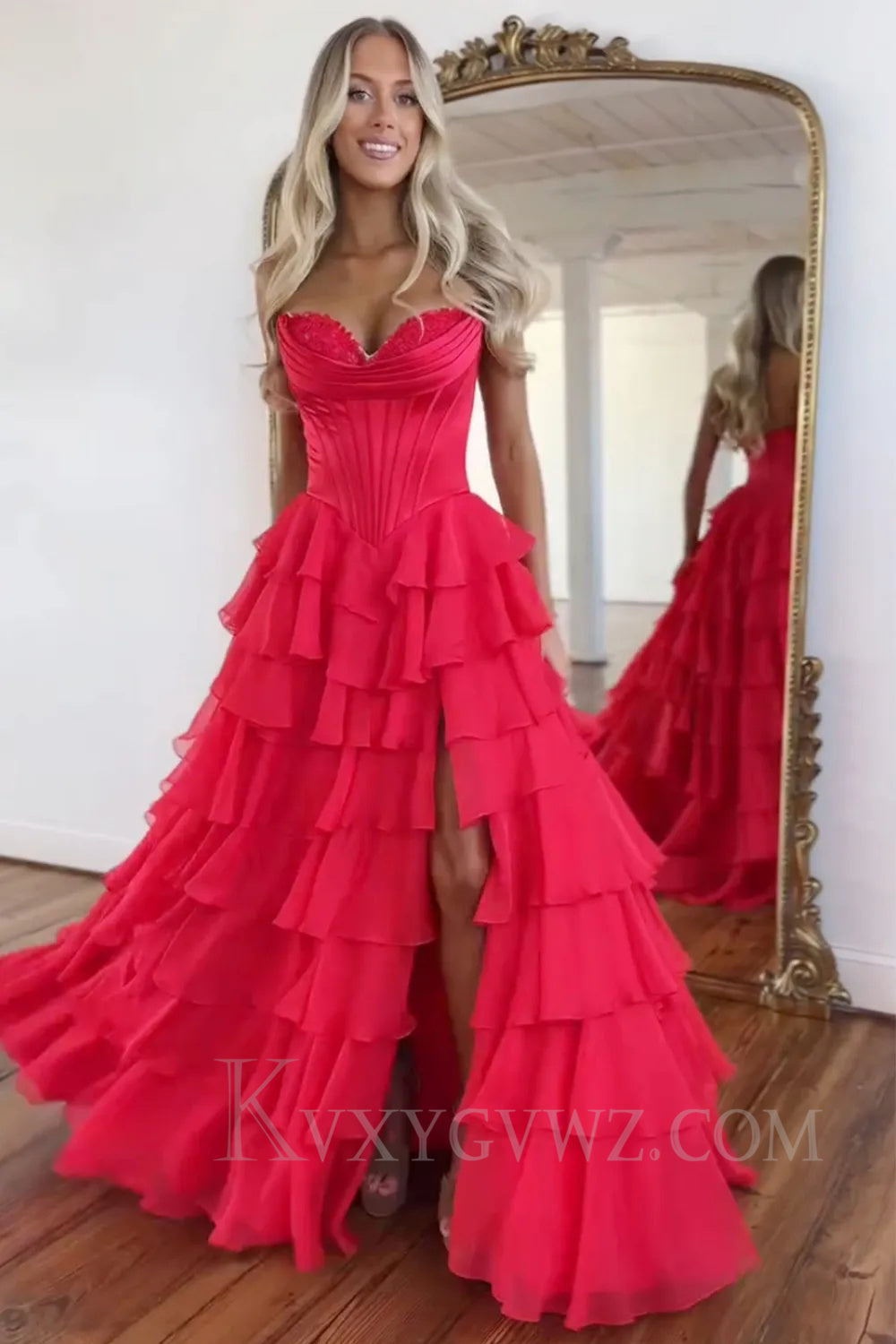 Black A Line Sweetheart Ruffled Corset Long Prom Dress with Slit LF050