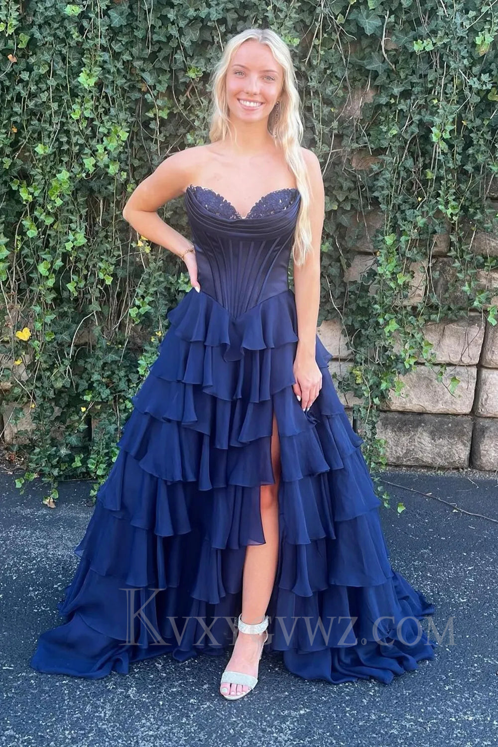 Black A Line Sweetheart Ruffled Corset Long Prom Dress with Slit LF050
