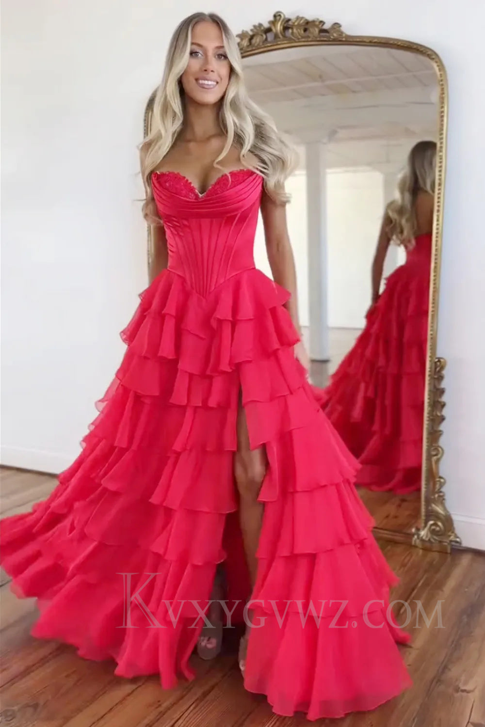 Black A Line Sweetheart Ruffled Corset Long Prom Dress with Slit LF050