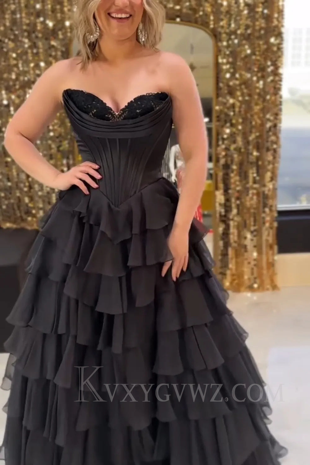 Black A Line Sweetheart Ruffled Corset Long Prom Dress with Slit LF050