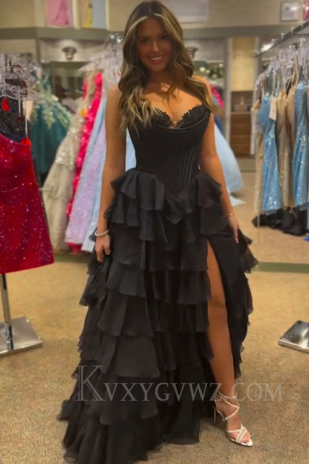 Black A Line Sweetheart Ruffled Corset Long Prom Dress with Slit LF050