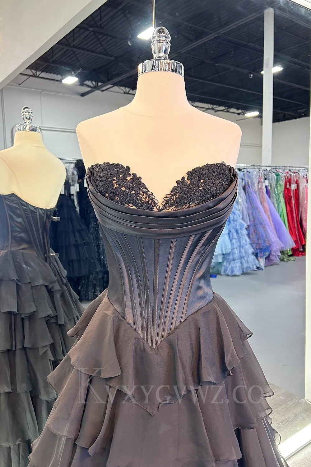 Black A Line Sweetheart Ruffled Corset Long Prom Dress with Slit LF050
