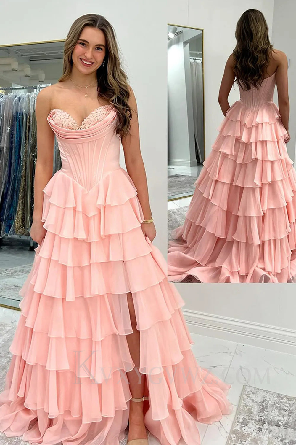 Black A Line Sweetheart Ruffled Corset Long Prom Dress with Slit LF050