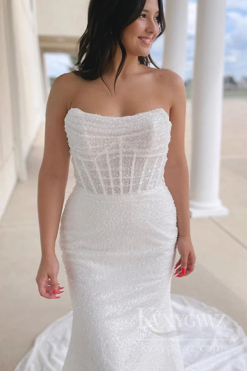 Sparkling Strapless Mermaid Wedding Dress with Beaded Detailing Bridal Gown HS500