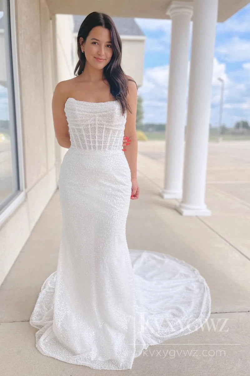 Sparkling Strapless Mermaid Wedding Dress with Beaded Detailing Bridal Gown HS500