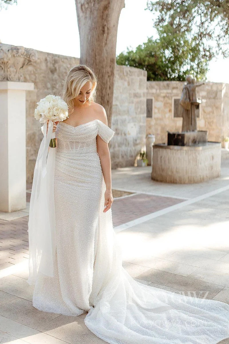 Sparkling Off-Shoulder Mermaid Wedding Dress Elegant Sweep Train Bridal Gown HS501