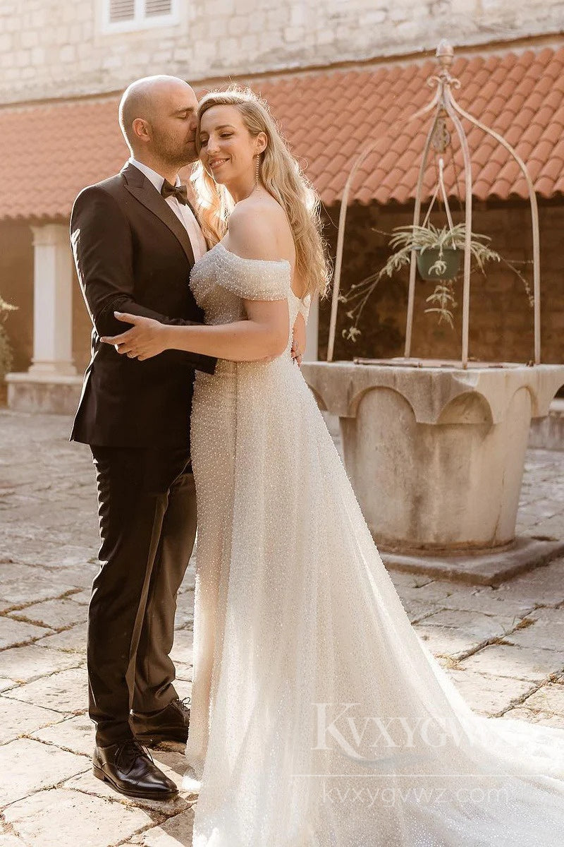 Sparkling Off-Shoulder Mermaid Wedding Dress Elegant Sweep Train Bridal Gown HS501