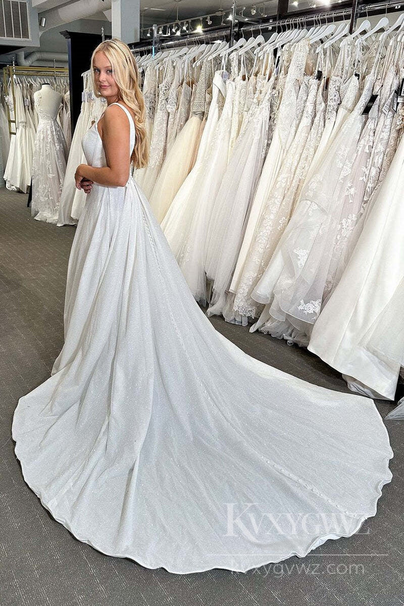 Sparkling A-Line Wedding Dress with Sleeveless Detail and Train Bridal Gown HS503