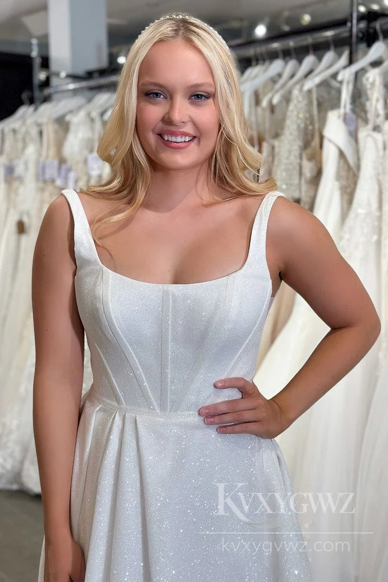 Sparkling A-Line Wedding Dress with Sleeveless Detail and Train Bridal Gown HS503