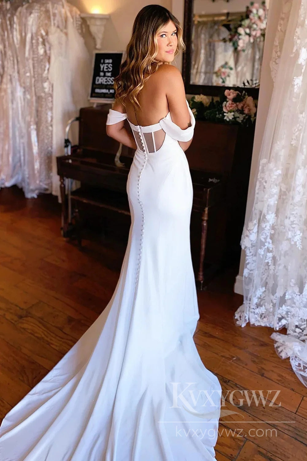 Elegant Off-Shoulder Satin Mermaid Wedding Dress Sweetheart Sweep Train HS505