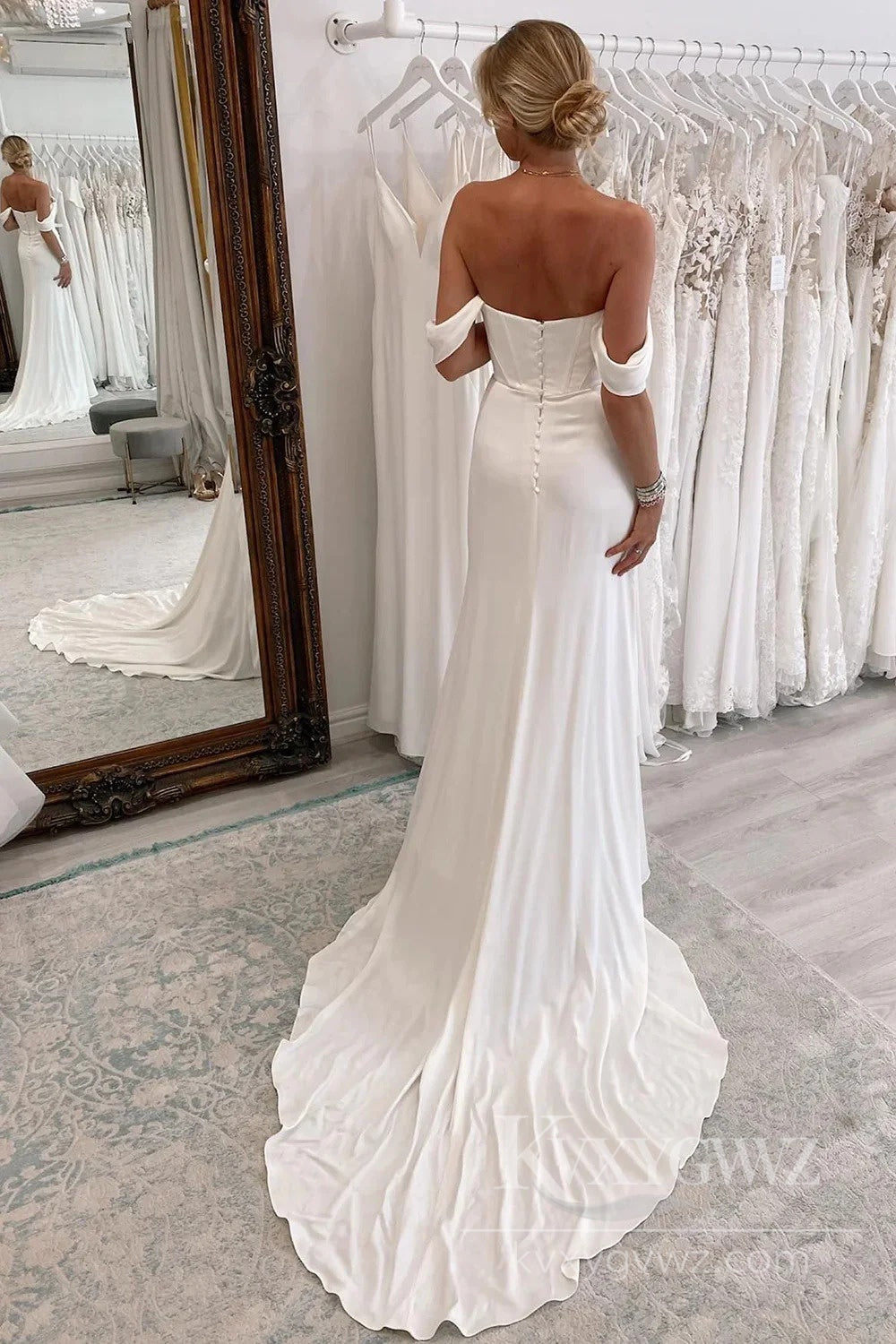 Chic Off-Shoulder Satin Mermaid Wedding Dress with Slit Bridal Gown HS506