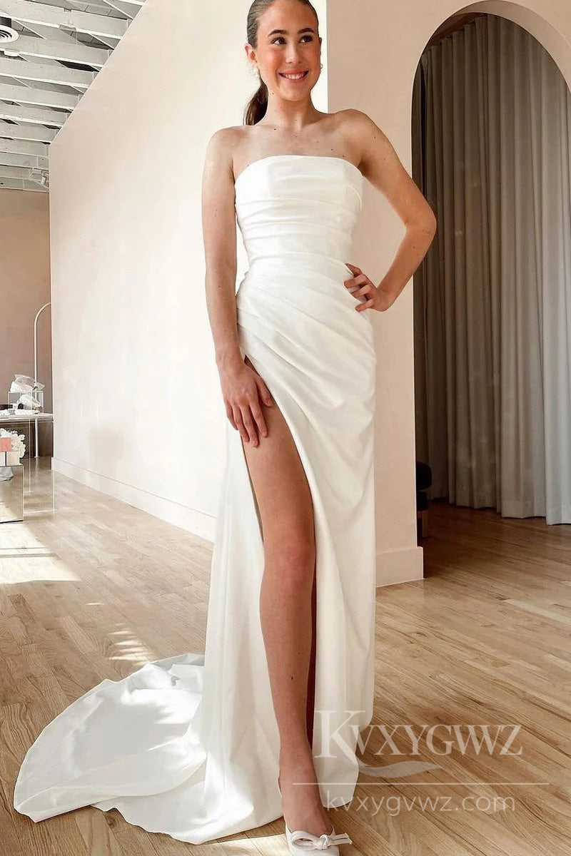 Strapless Satin Mermaid Wedding Dress with High Slit and Modern Elegance Bridal Gown HS508