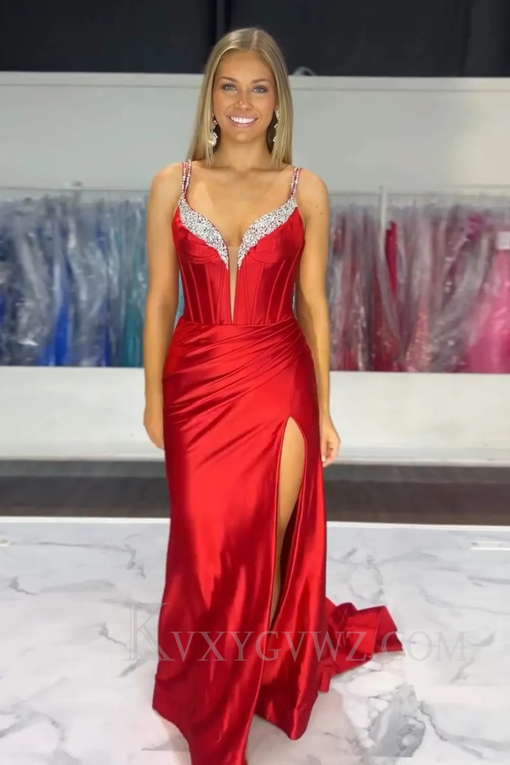 Sparkly Fuchsia Spaghetti Straps Mermaid Corset Prom Dress with Slit LF051