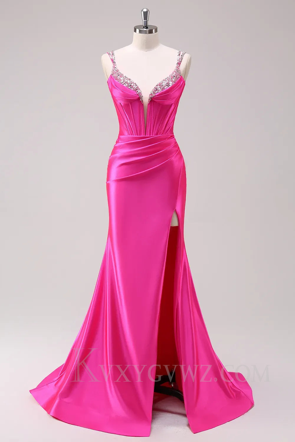 Sparkly Fuchsia Spaghetti Straps Mermaid Corset Prom Dress with Slit LF051