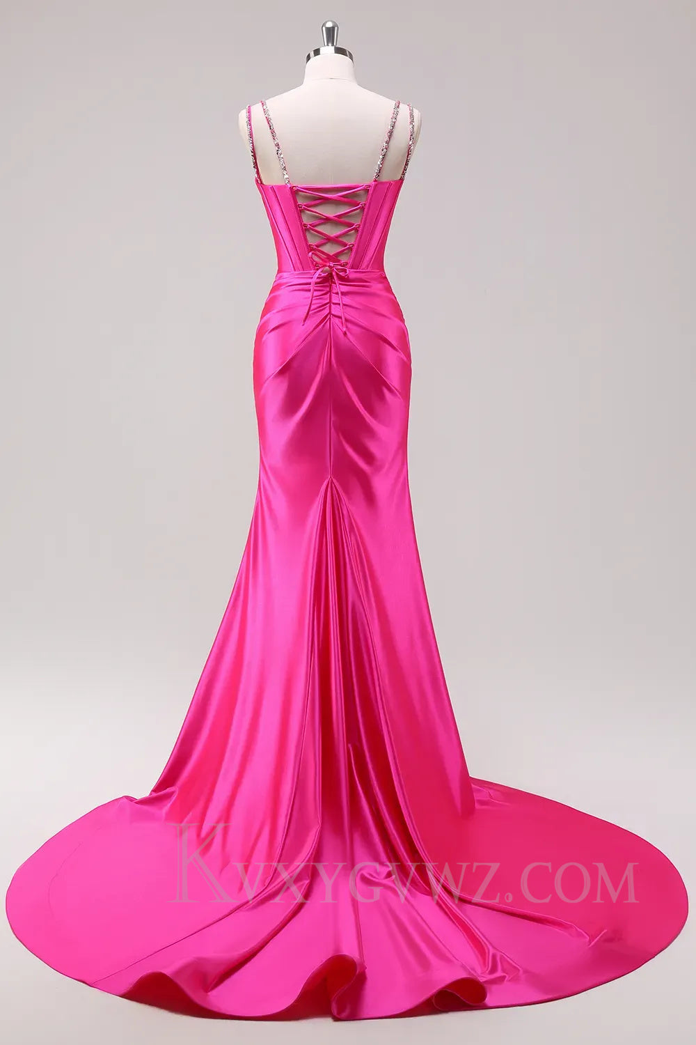 Sparkly Fuchsia Spaghetti Straps Mermaid Corset Prom Dress with Slit LF051