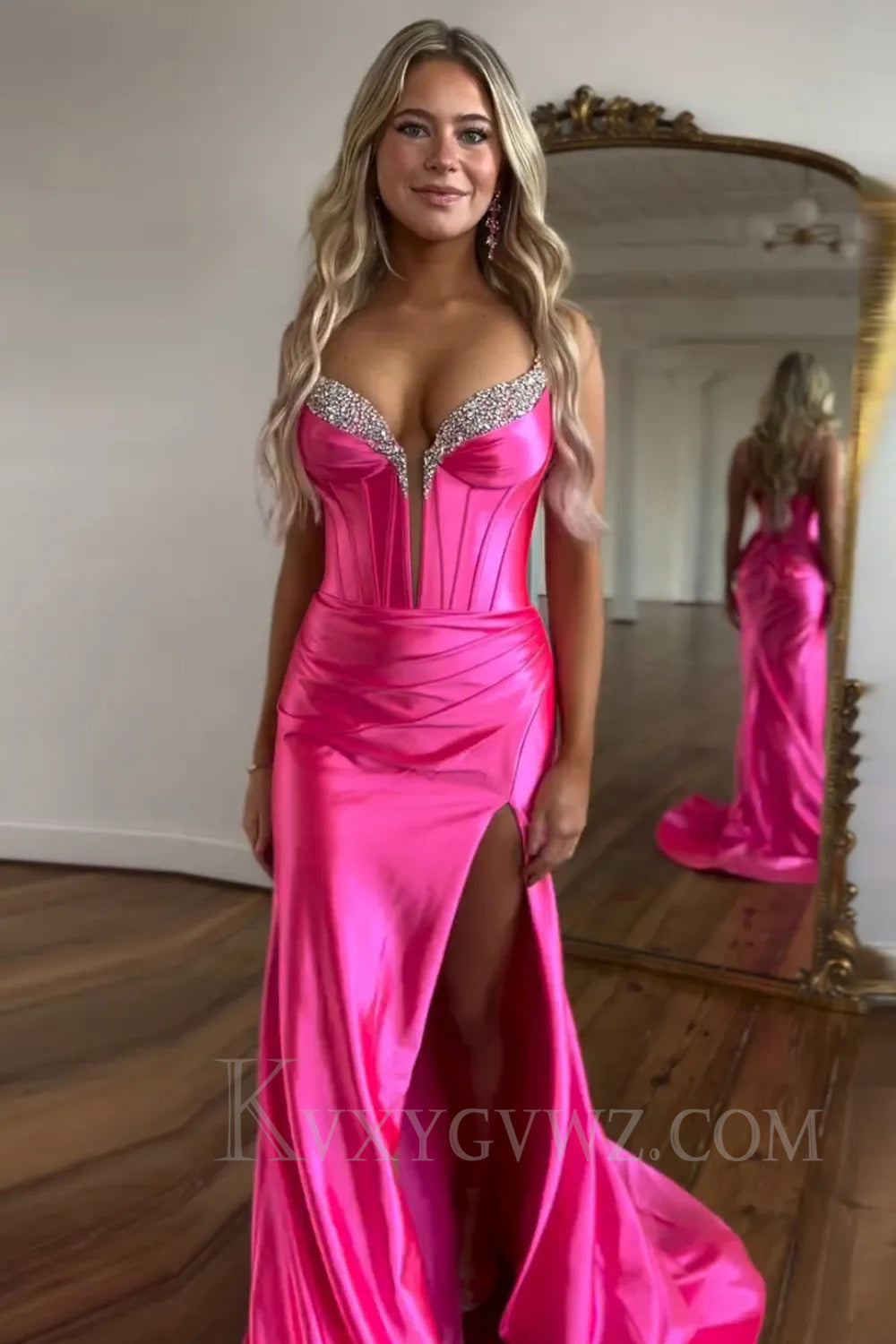 Sparkly Fuchsia Spaghetti Straps Mermaid Corset Prom Dress with Slit LF051