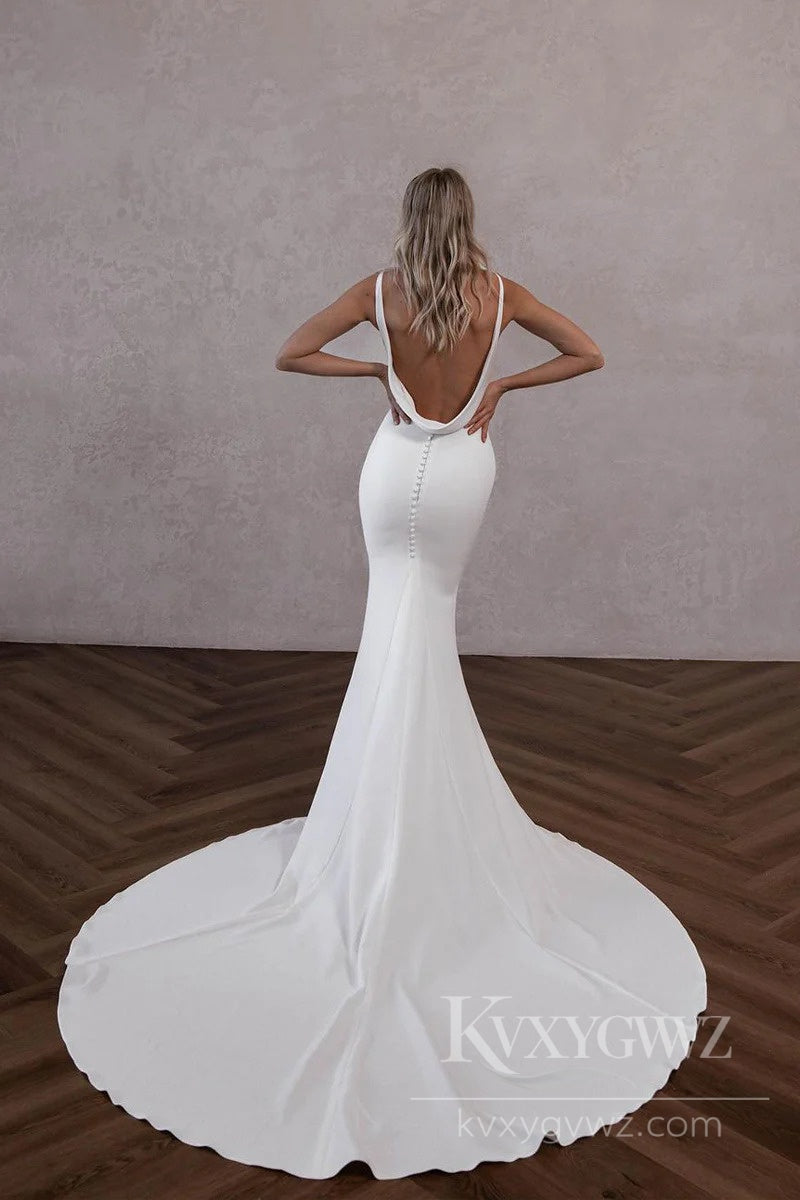 Modern Satin Deep-V Mermaid Wedding Dress with Chic Veil Bridal Gown HS511