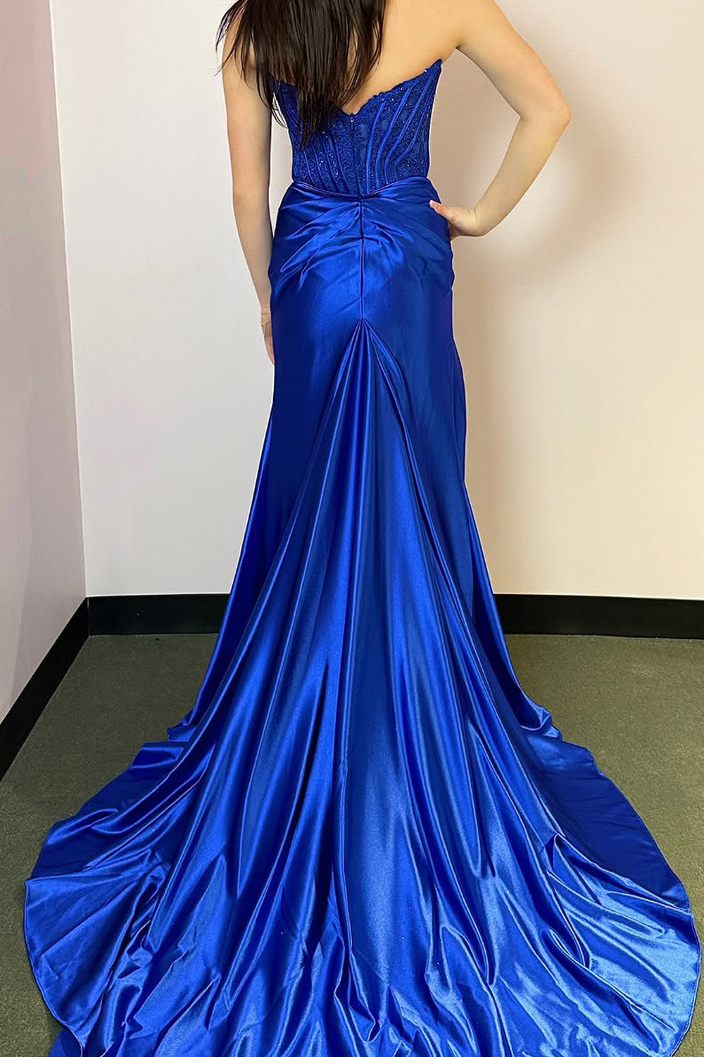 Mermaid Strapless Royal Blue Satin Long Prom Dress Gown with Slit LF1392