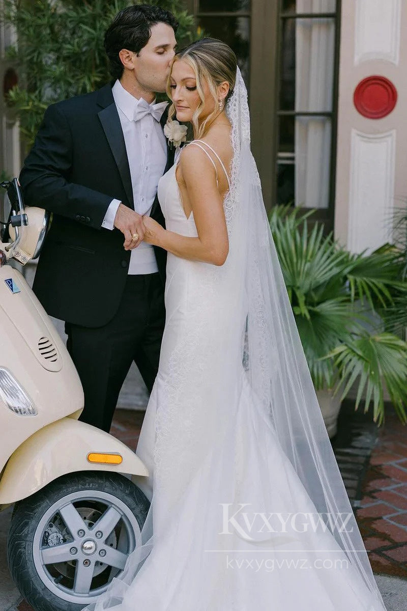 Elegant Satin Mermaid Wedding Dress Spaghetti Strap Sweep Train Bridal Gown HS517