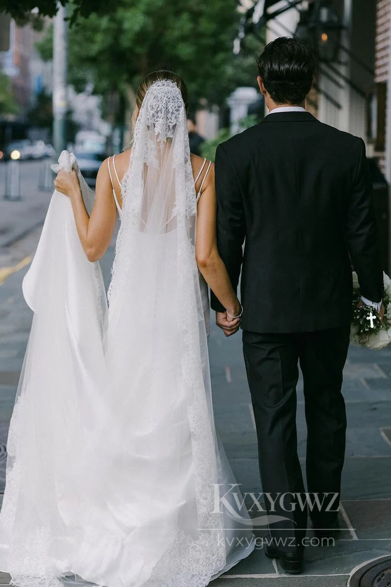 Elegant Satin Mermaid Wedding Dress Spaghetti Strap Sweep Train Bridal Gown HS517