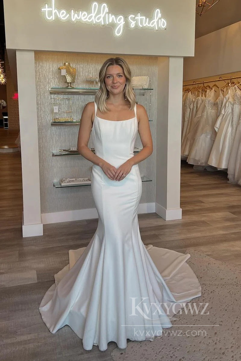Minimalist Satin Mermaid Wedding Dress Spaghetti Strap Elegant Bridal Gown HS518