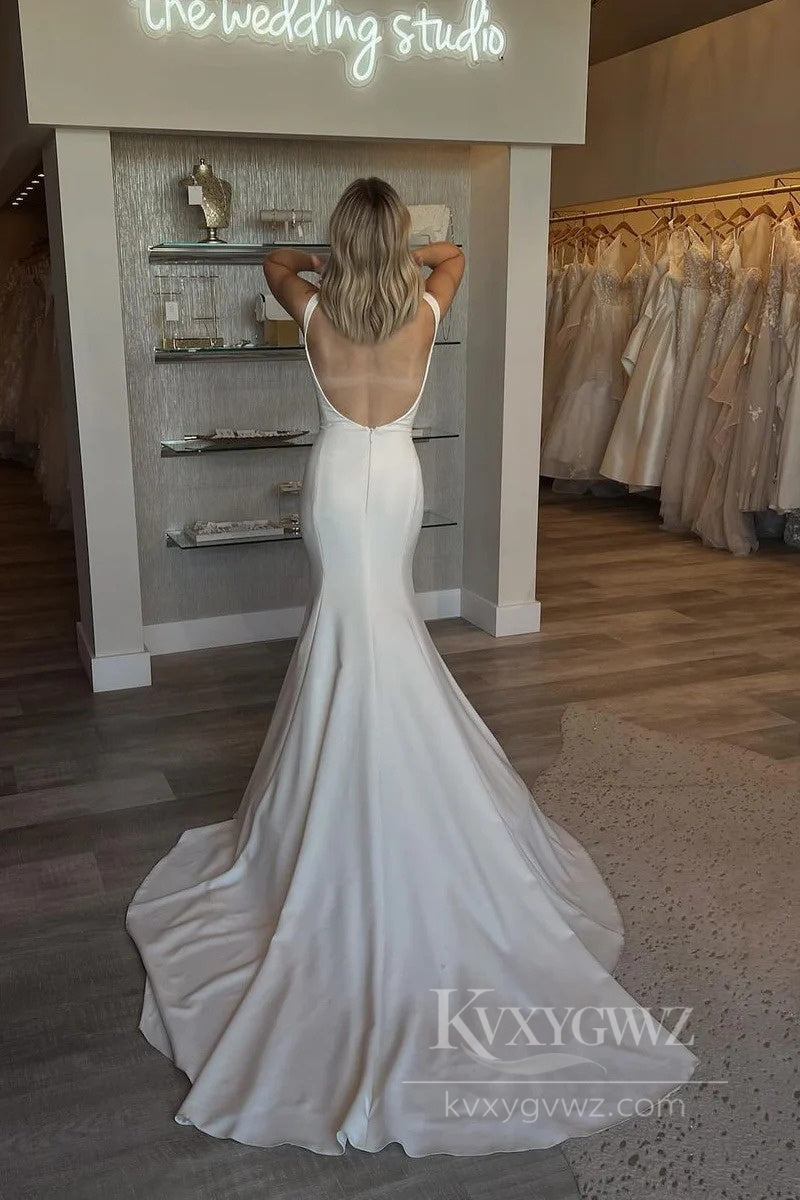 Minimalist Satin Mermaid Wedding Dress Spaghetti Strap Elegant Bridal Gown HS518