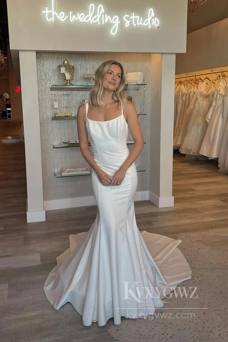 Minimalist Satin Mermaid Wedding Dress Spaghetti Strap Elegant Bridal Gown HS518