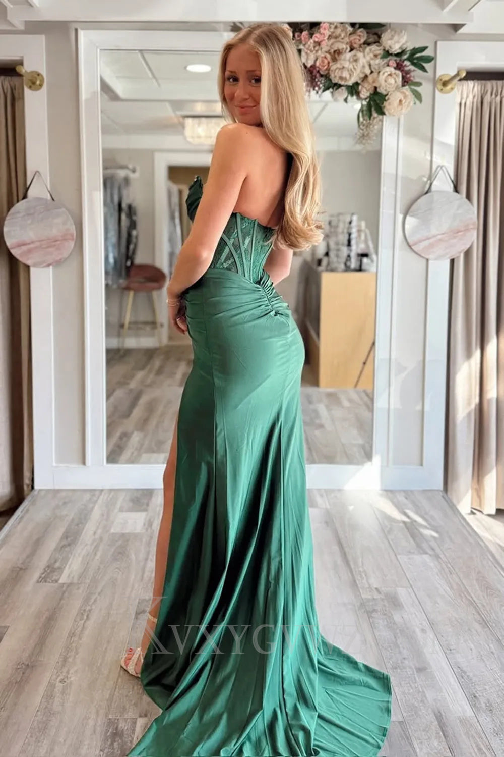Sheath Dark Green Corset Satin Mermaid Prom Dress with Slit LF052