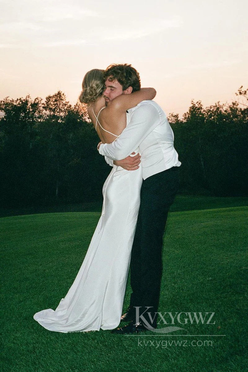 Chic Satin Spaghetti Strap Mermaid Wedding Dress Sweep Train Bridal Gown HS523