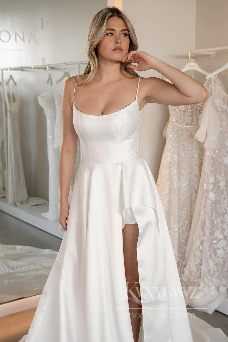 Elegant Satin A-Line Wedding Dress with a Chic Side Slit Bridal Gown HS525
