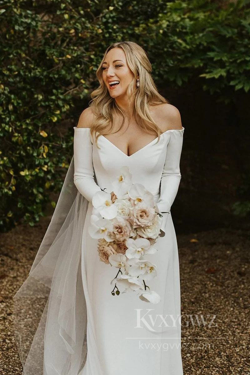 Elegant Off-the-Shoulder Satin Wedding Dress with Long Sleeves Bridal Gown HS526