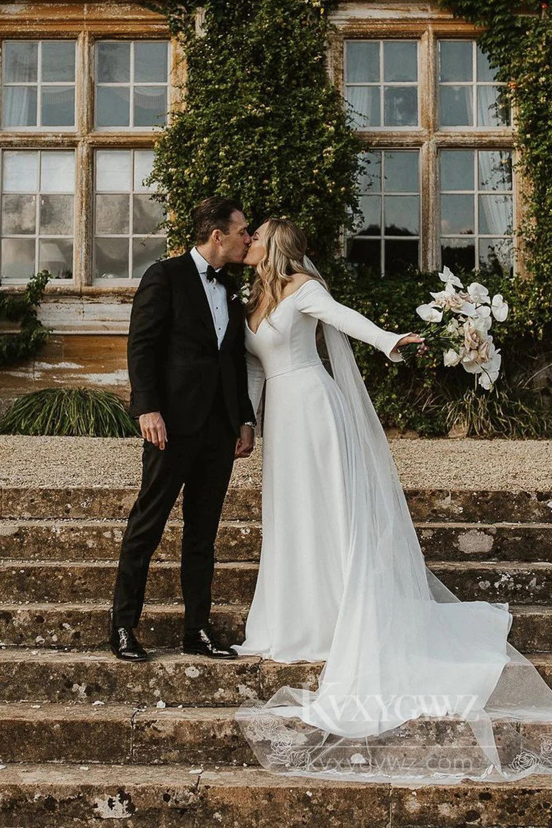 Elegant Off-the-Shoulder Satin Wedding Dress with Long Sleeves Bridal Gown HS526