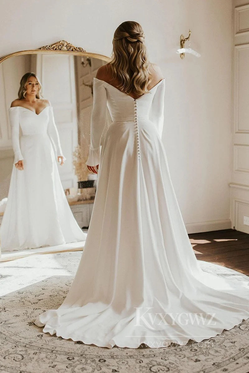 Elegant Off-the-Shoulder Satin Wedding Dress with Long Sleeves Bridal Gown HS526