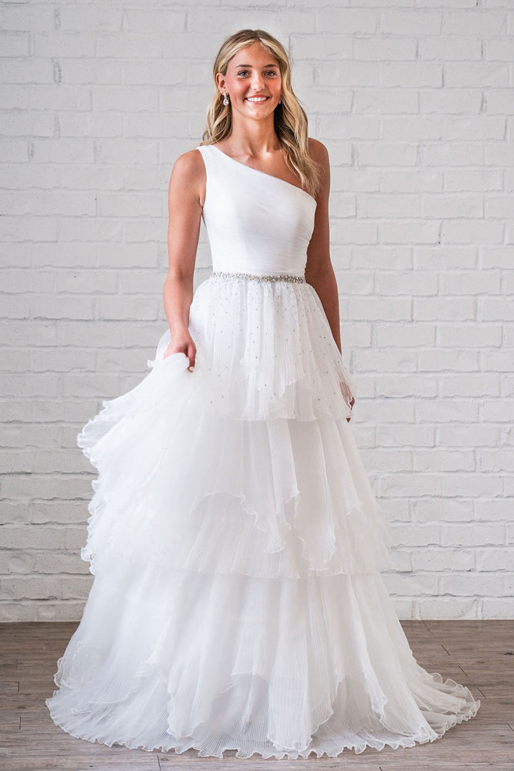 Ball Gown One Shoulder White Ruffle Tiered Tulle Wedding Dresses Gown HS800