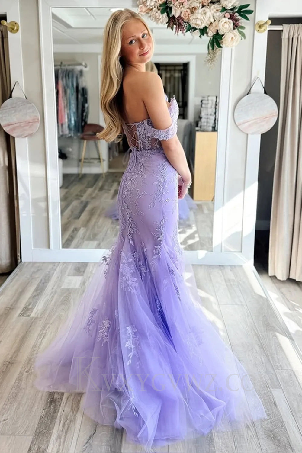 Lilac Appliqued Off The Shoulder Tulle Prom Dress LF053