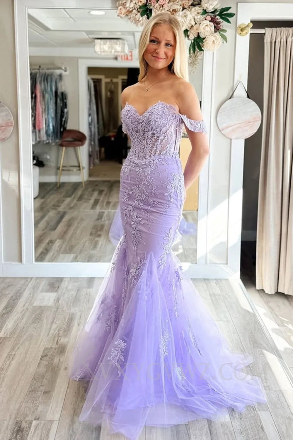 Lilac Appliqued Off The Shoulder Tulle Prom Dress LF053