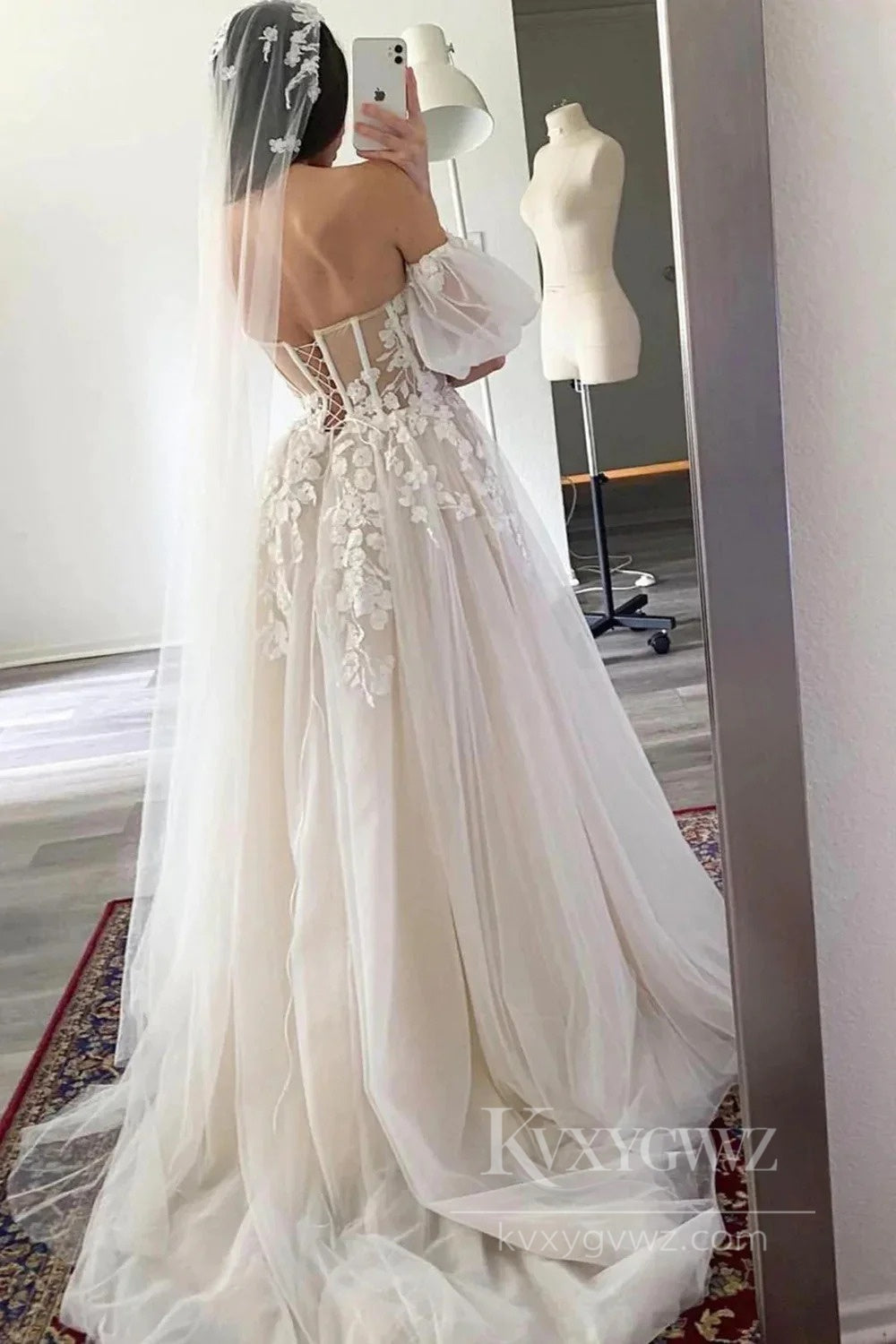 Romantic Boho Wedding Dress with Lace Details Puff Sleeves Sweep Train HS531