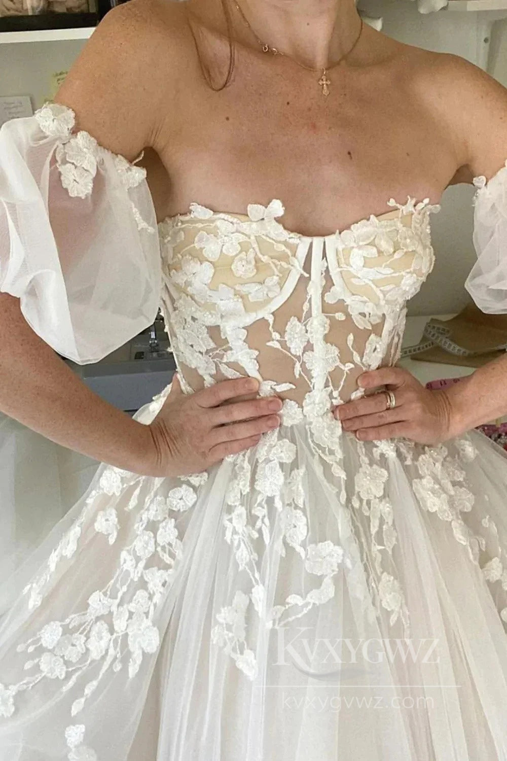 Romantic Boho Wedding Dress with Lace Details Puff Sleeves Sweep Train HS531