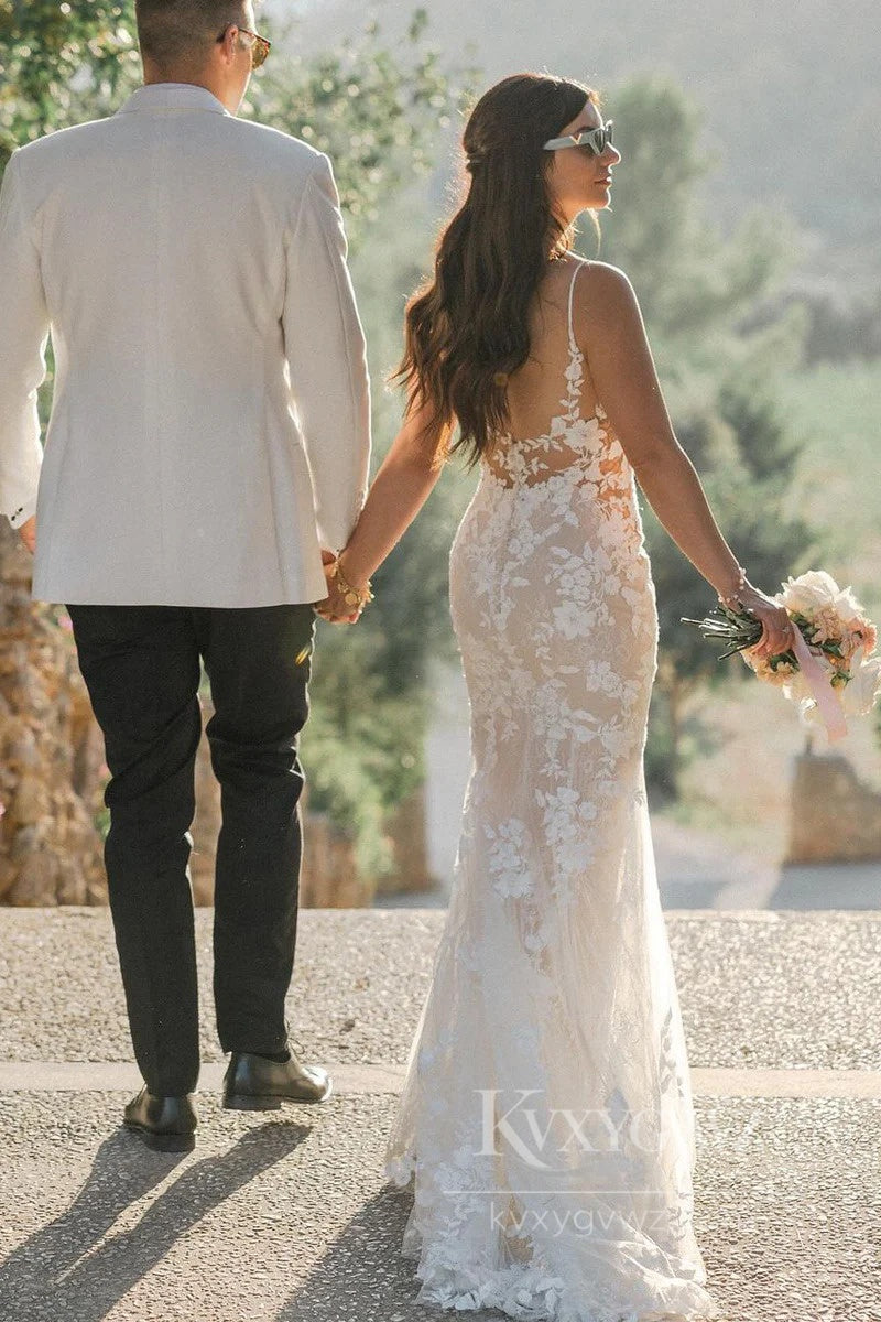 Boho-Inspired Lace Bridal Gown V-Neck Mermaid Wedding Dress HS533