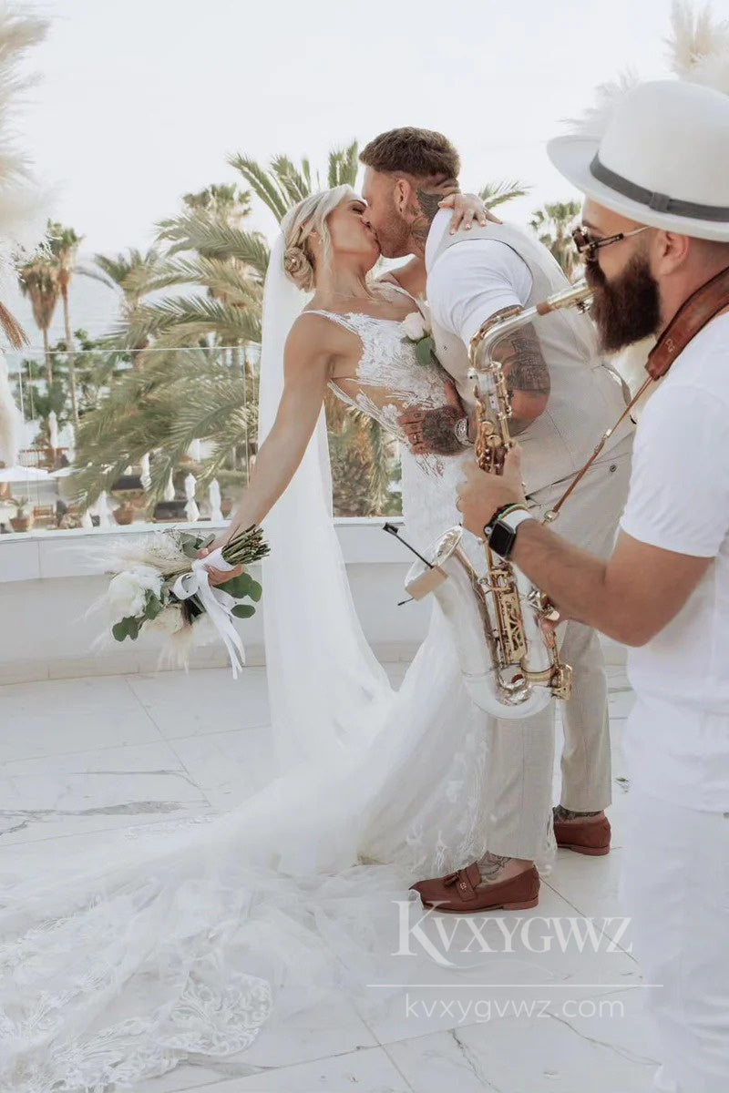 Bohemian Lace Sweep Train Bridal Gown V-Neck Mermaid Wedding Dress HS534