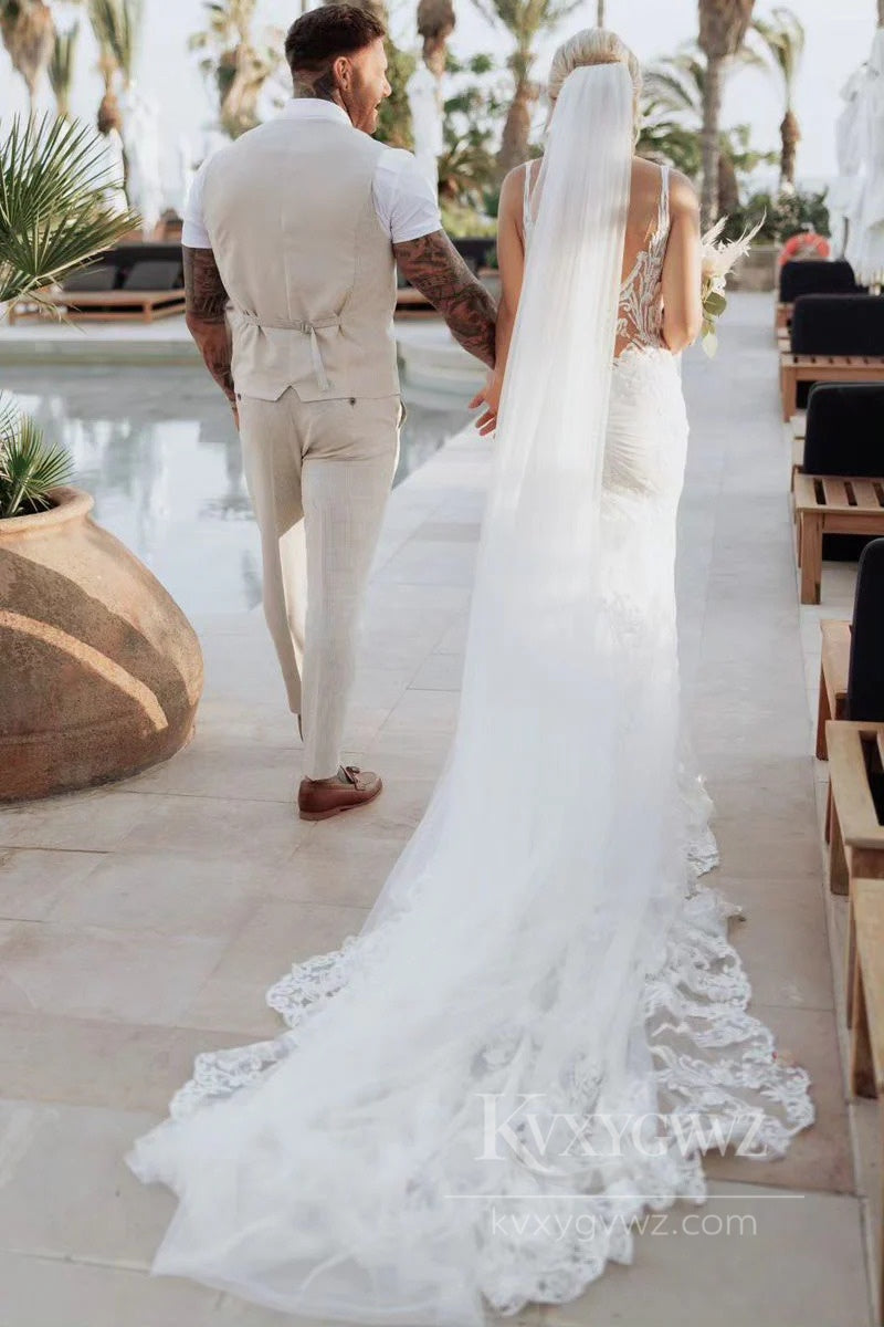 Bohemian Lace Sweep Train Bridal Gown V-Neck Mermaid Wedding Dress HS534
