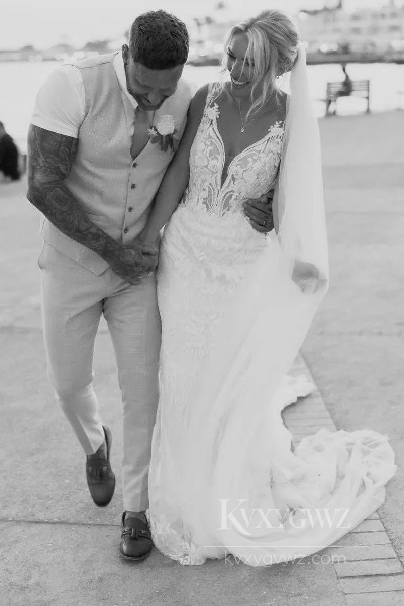 Bohemian Lace Sweep Train Bridal Gown V-Neck Mermaid Wedding Dress HS534