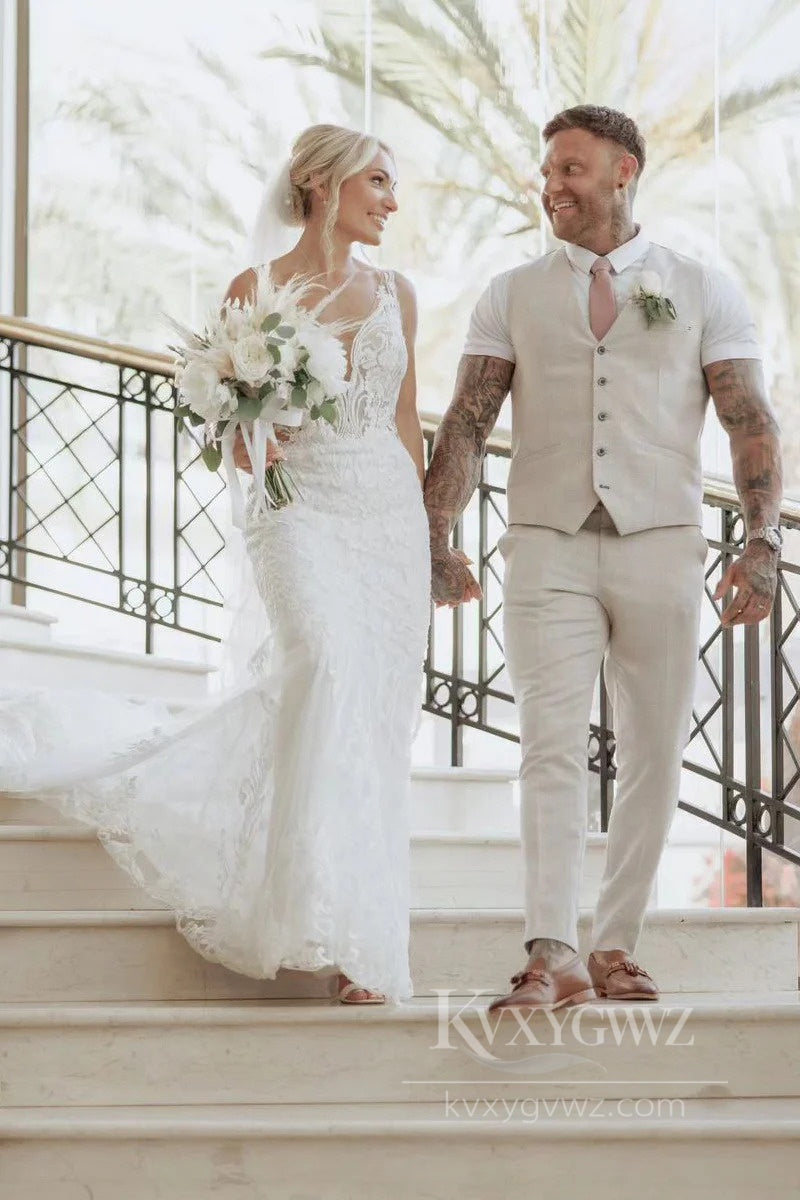 Bohemian Lace Sweep Train Bridal Gown V-Neck Mermaid Wedding Dress HS534